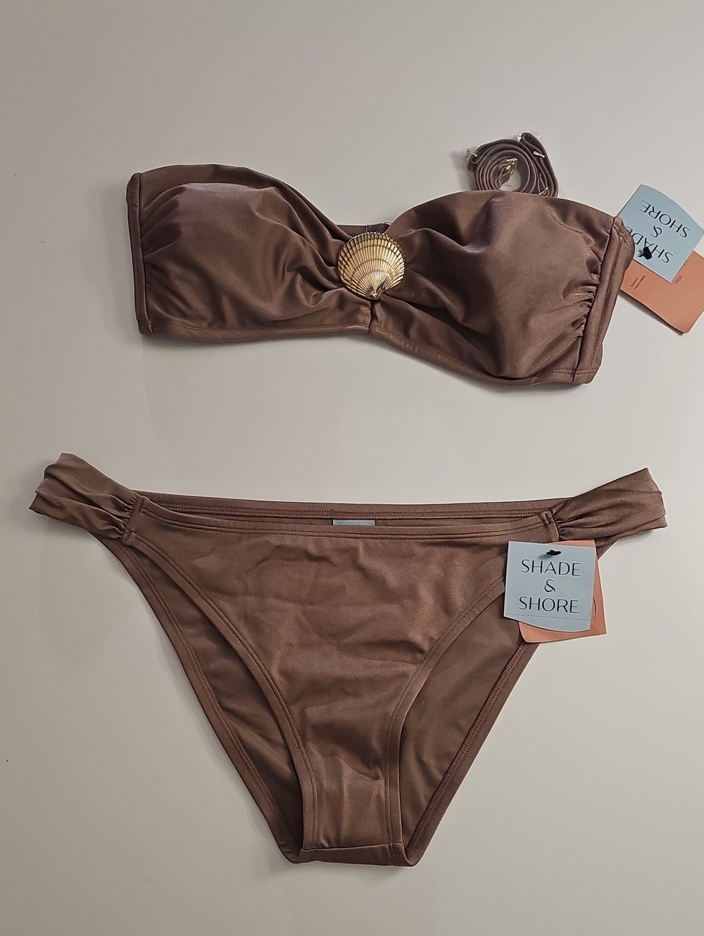 Shade & Shore Women's L Shimmery Light Brown Bandeau Style Bikini Set
